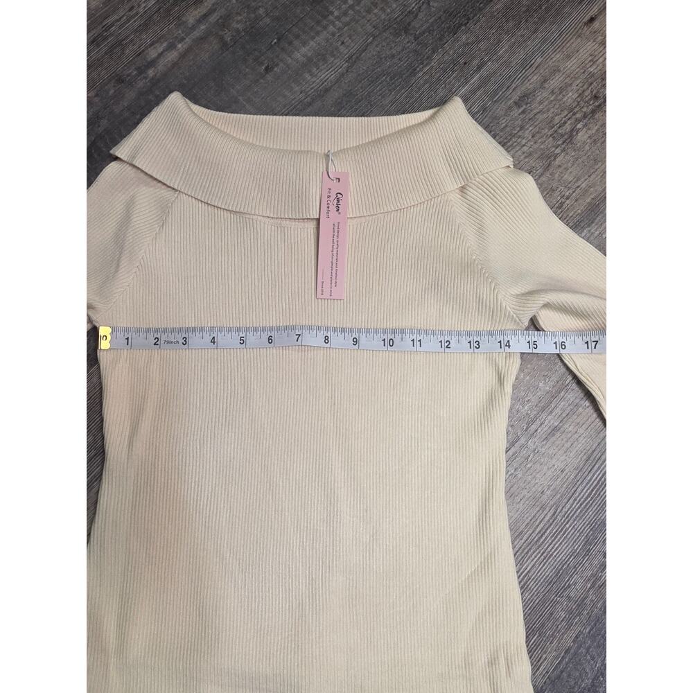 Qinsen Womens L Dress Cream Ribbed Knit Off Shoulder Long Sleeve Bodycon NWT - Picture 2 of 6